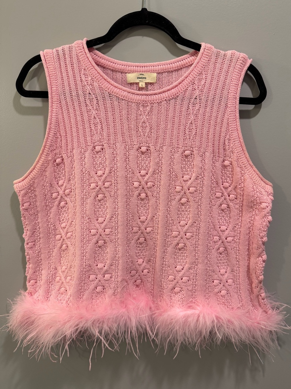 Entro Chunky Knit Sweater Tank Feather Detail Size L Pink